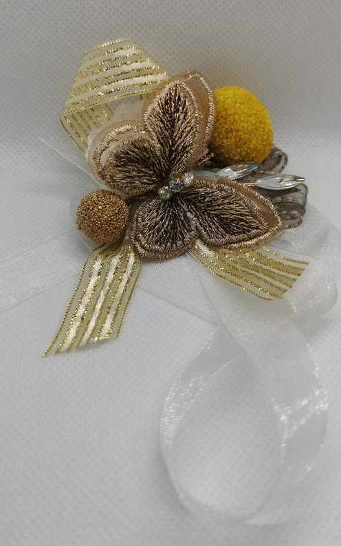 Wrist Corsage Gold 3D Lace Butterfly with Gold & Yellow Decoration