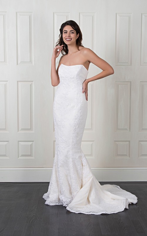 Naomi strapless lace mermaid wedding dress with beaded Italian lace, a V-cut back and a scalloped lace train