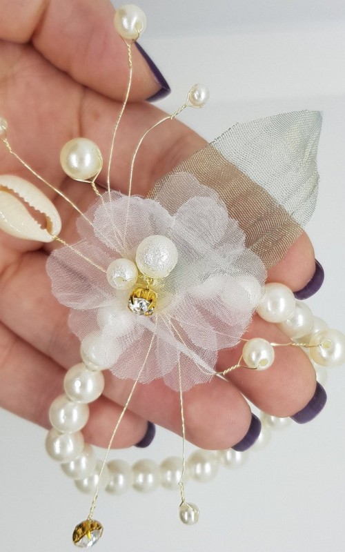 Wrist Corsage Green Leaf Rhinestone Flower with Pearl Bracelet
