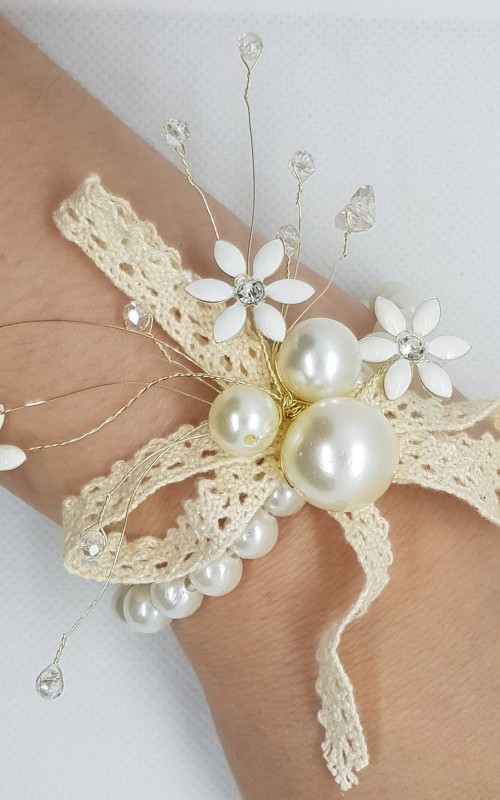 Wrist Corsage Crystal Pearl Flower with Pearl Bracelet