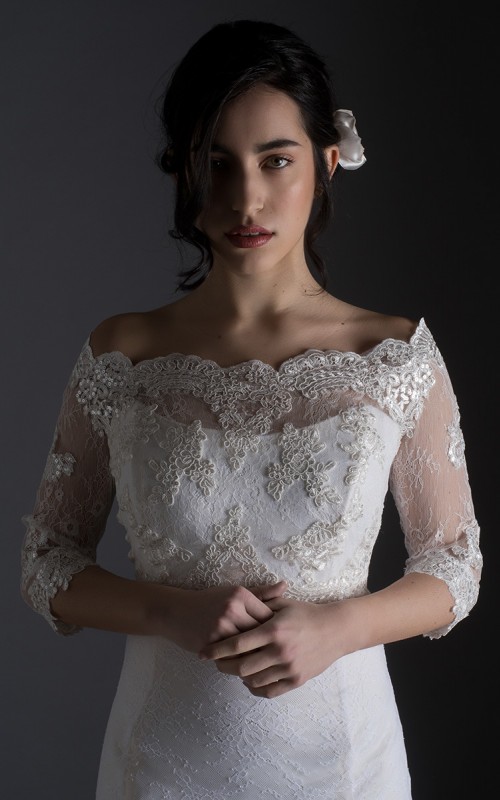 Bianca off-shoulder bridal bolero in ivory beaded lace with 3/4 sleeves and scalloped lace edges
