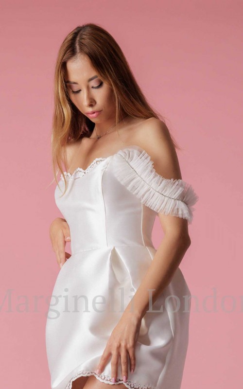 White gathered tulle ruffle off-shoulder detachable bridal straps and sleeves with a crystal line