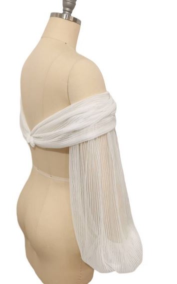long detachable off shoulder pleated tulle wedding dress sleeves frilled cuff ivory