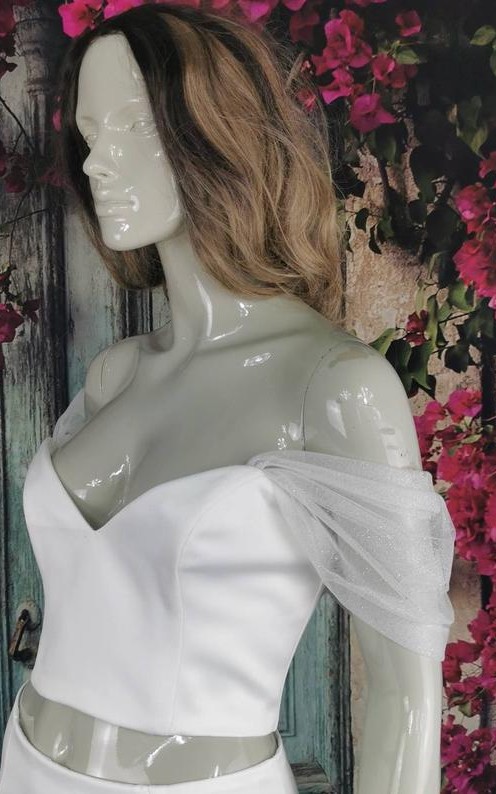 White glitter tulle off-shoulder detachable bridal straps and sleeves