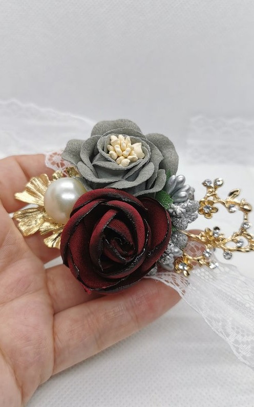 Wrist Corsage, Rose Flower with Gold, Crystals, Pearl & Lace Ribbon