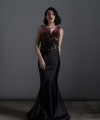 Valentine mermaid evening gown with rose-copper to black ombré sequin bodice, open asymmetric back and black duchess satin skirt
