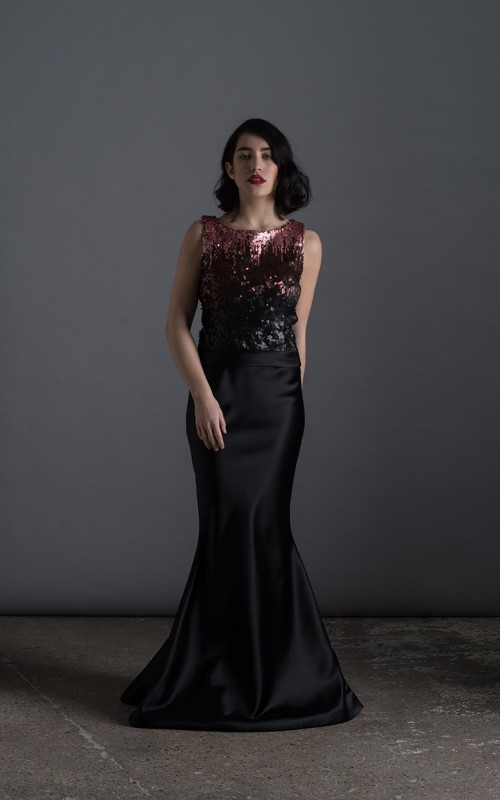 Valentine mermaid evening gown with rose-copper to black ombré sequin bodice, open asymmetric back and black duchess satin skirt