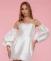 Long satin puff detachable bridal sleeves and straps with 3D flowers in ivory