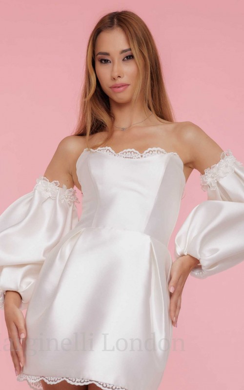 Long satin puff detachable bridal sleeves and straps with 3D flowers in ivory