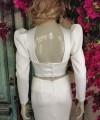 Ivory satin detachable long bridal sleeves and straps with a statement puff shoulder