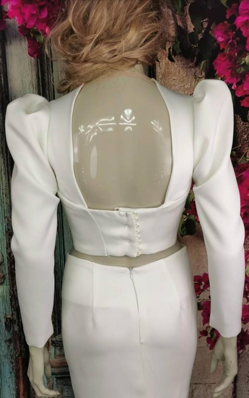 Ivory satin detachable long bridal sleeves and straps with a statement puff shoulder
