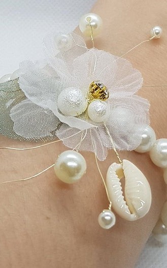 Wrist Corsage Green Leaf Rhinestone Flower with Pearl Bracelet