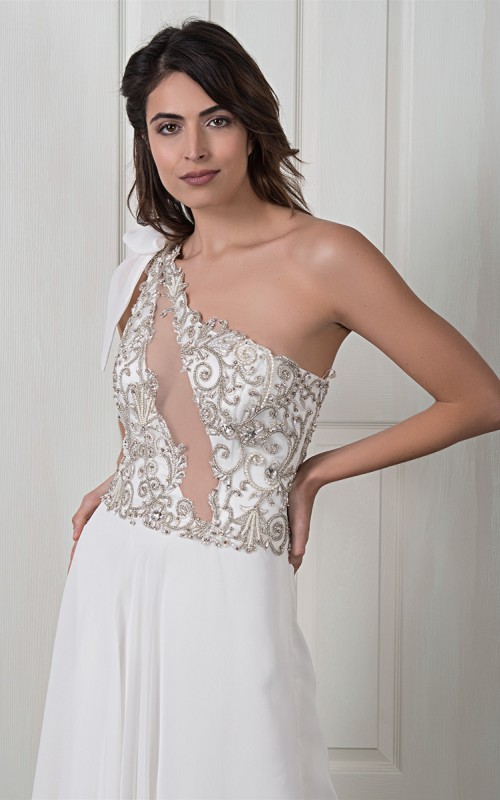 Nicole one-shoulder wedding dress with a beaded embroidered lace bodice, illusion back and flowing ivory chiffon skirt