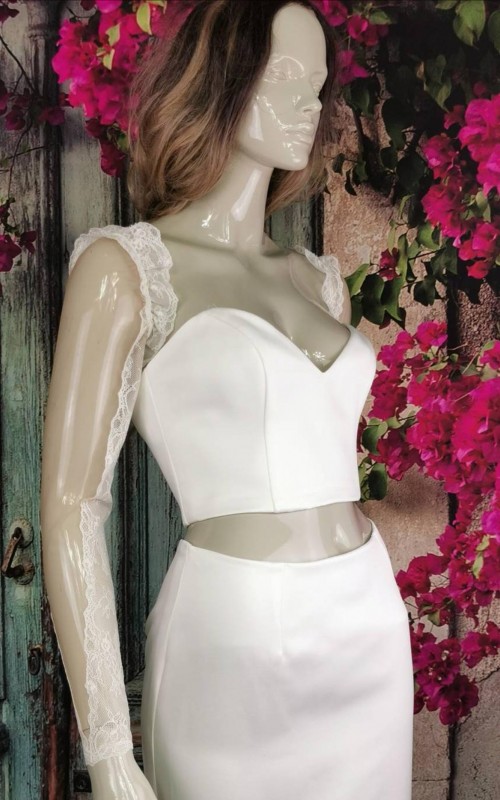 Ivory illusion tulle detachable long bridal sleeves and straps with a lace edge along the arm