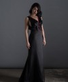 Vivian black Italian satin A-line evening gown with crimson lace V-neckline and deep open V-back