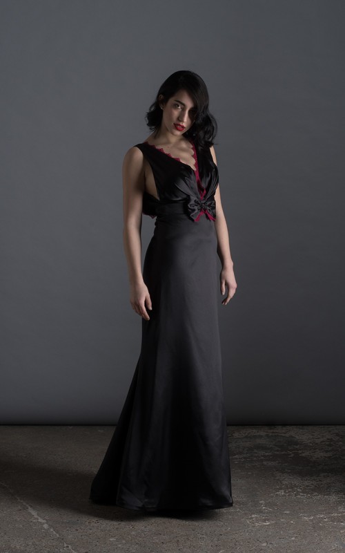 Vivian black Italian satin A-line evening gown with crimson lace V-neckline and deep open V-back