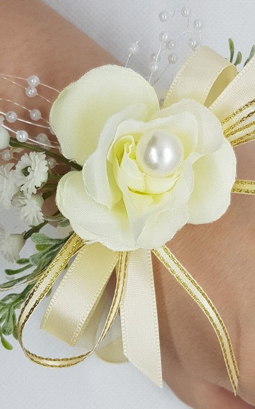 Wrist Corsage Rose Fabric Flower & Artificial Leaves with Satin Ribbon