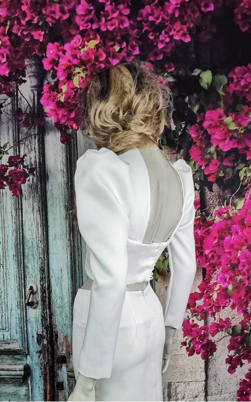 Ivory satin detachable long bridal sleeves and straps with a statement puff shoulder