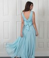 Maria aqua chiffon bridesmaid dress with a draped V-neck, V-back and a detachable crystal belt that ties at the back