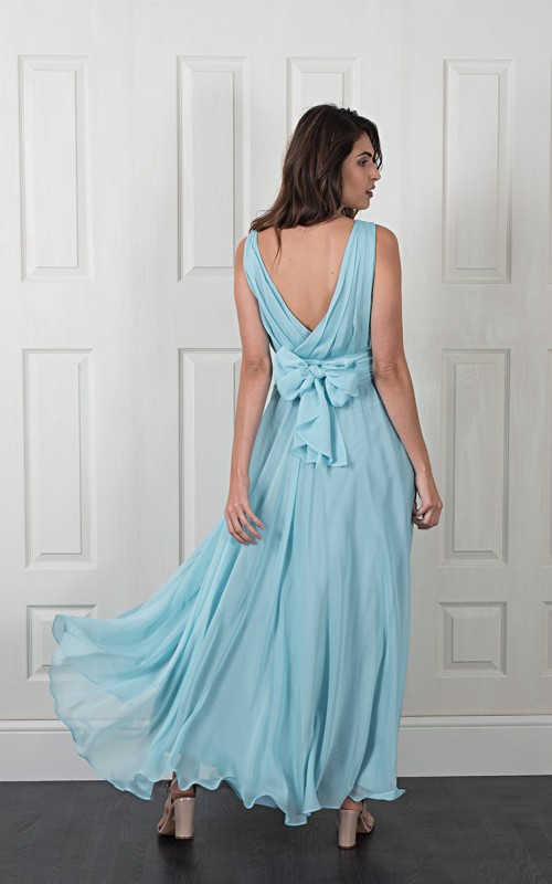 Maria aqua chiffon bridesmaid dress with a draped V-neck, V-back and a detachable crystal belt that ties at the back