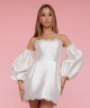 Long satin puff detachable bridal sleeves and straps with 3D flowers in ivory