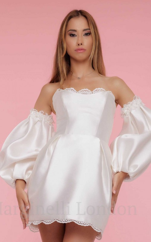 Long satin puff detachable bridal sleeves and straps with 3D flowers in ivory