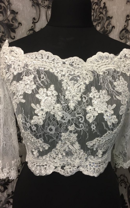 Bianca off-shoulder bridal bolero in ivory beaded lace with 3/4 sleeves and scalloped lace edges