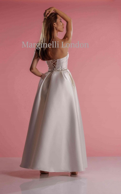 boho mikado satin wedding dress rhinestone belt pleated skirt pockets