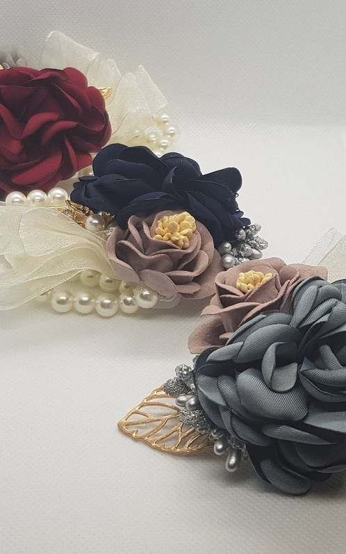 Wrist Corsage Rose Flower with Gold Leaf & Pearl Bracelet