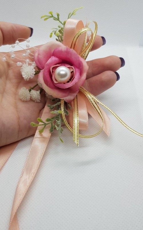 Wrist Corsage Rose Fabric Flower & Artificial Leaves with Satin Ribbon