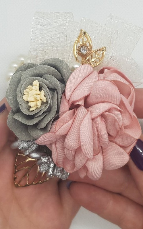 Wrist Corsage Rose Flower with Gold Leaf & Pearl Bracelet