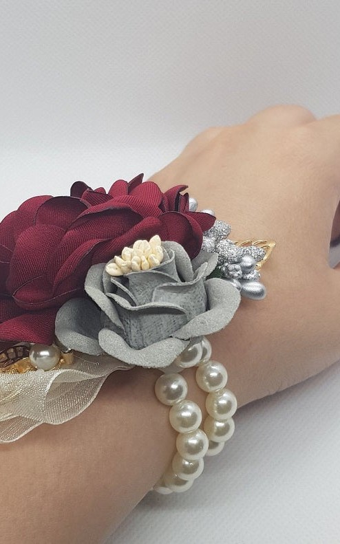 Wrist Corsage Rose Flower with Gold Leaf & Pearl Bracelet