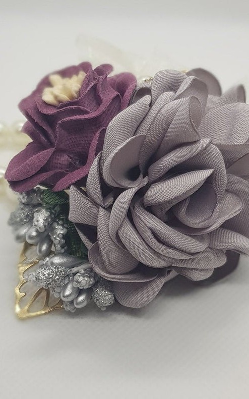 Wrist Corsage Rose Flower with Gold Leaf & Pearl Bracelet
