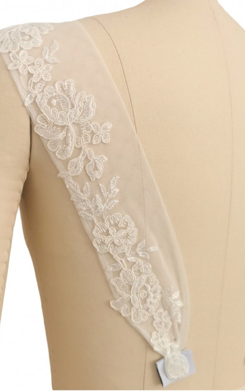 Detachable bridal lace straps and sleeves with floral appliqué in ivory tulle
