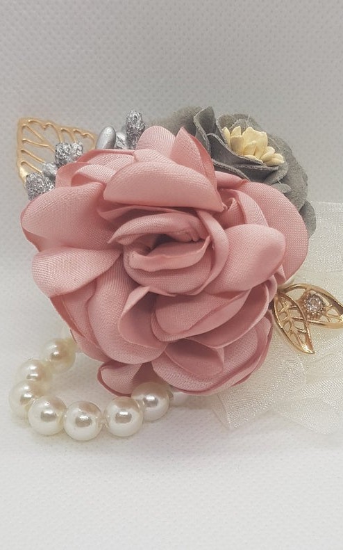 Wrist Corsage Rose Flower with Gold Leaf & Pearl Bracelet
