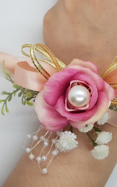 Wrist Corsage Rose Fabric Flower & Artificial Leaves with Satin Ribbon