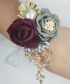 Wrist Corsage, Rose Flower with Gold, Crystals, Pearl & Lace Ribbon