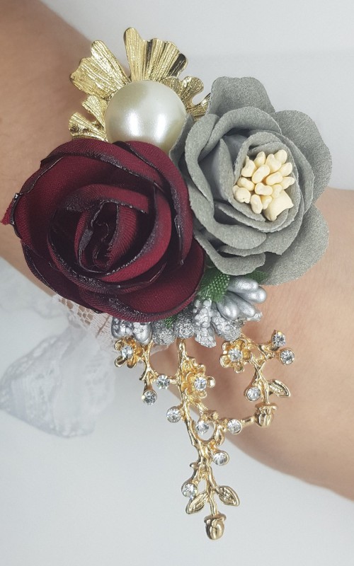 Wrist Corsage, Rose Flower with Gold, Crystals, Pearl & Lace Ribbon