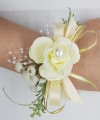 Wrist Corsage Rose Fabric Flower & Artificial Leaves with Satin Ribbon