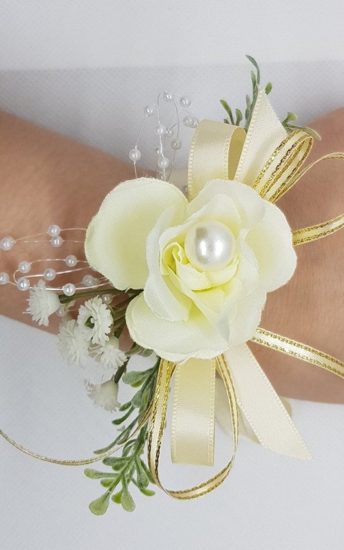 Wrist Corsage Rose Fabric Flower & Artificial Leaves with Satin Ribbon