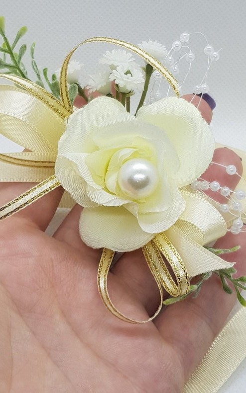 Wrist Corsage Rose Fabric Flower & Artificial Leaves with Satin Ribbon