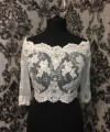 Bianca off-shoulder bridal bolero in ivory beaded lace with 3/4 sleeves and scalloped lace edges