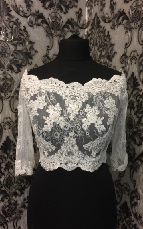 Bianca off-shoulder bridal bolero in ivory beaded lace with 3/4 sleeves and scalloped lace edges