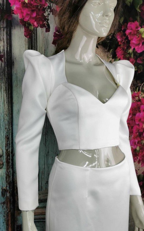 Ivory satin detachable long bridal sleeves and straps with a statement puff shoulder
