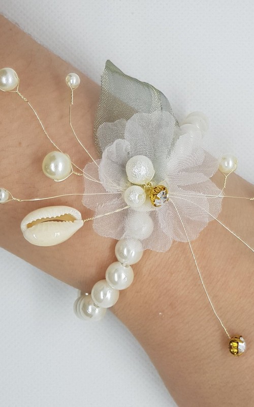 Wrist Corsage Green Leaf Rhinestone Flower with Pearl Bracelet