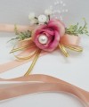 Wrist Corsage Rose Fabric Flower & Artificial Leaves with Satin Ribbon