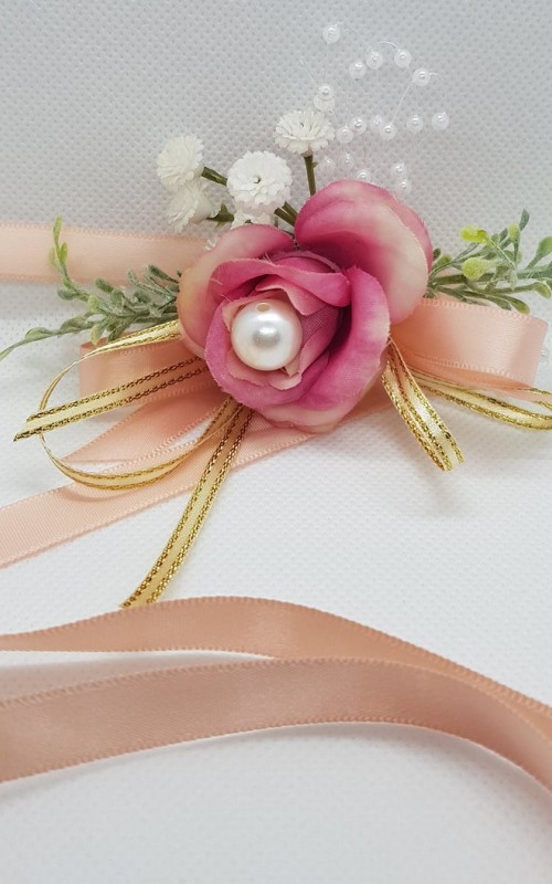 Wrist Corsage Rose Fabric Flower & Artificial Leaves with Satin Ribbon