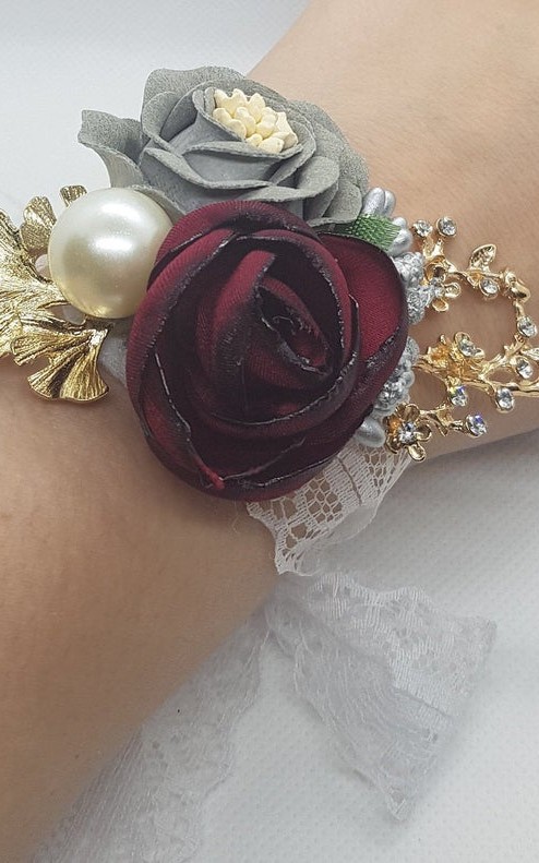 Wrist Corsage, Rose Flower with Gold, Crystals, Pearl & Lace Ribbon