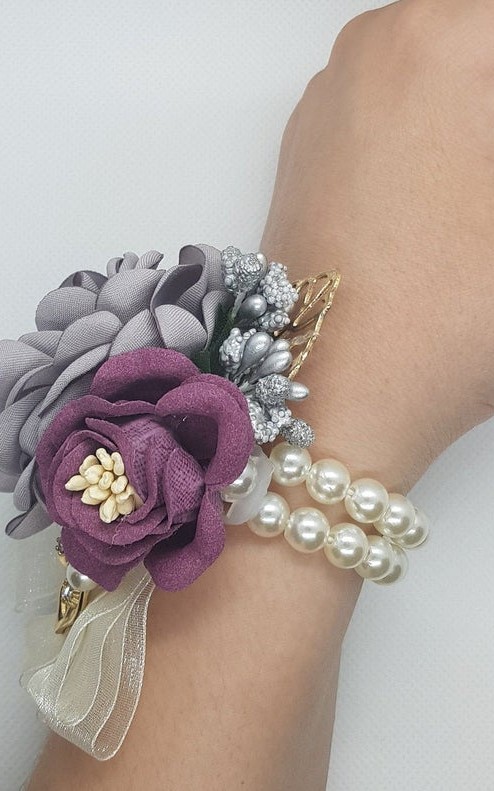 Wrist Corsage Rose Flower with Gold Leaf & Pearl Bracelet