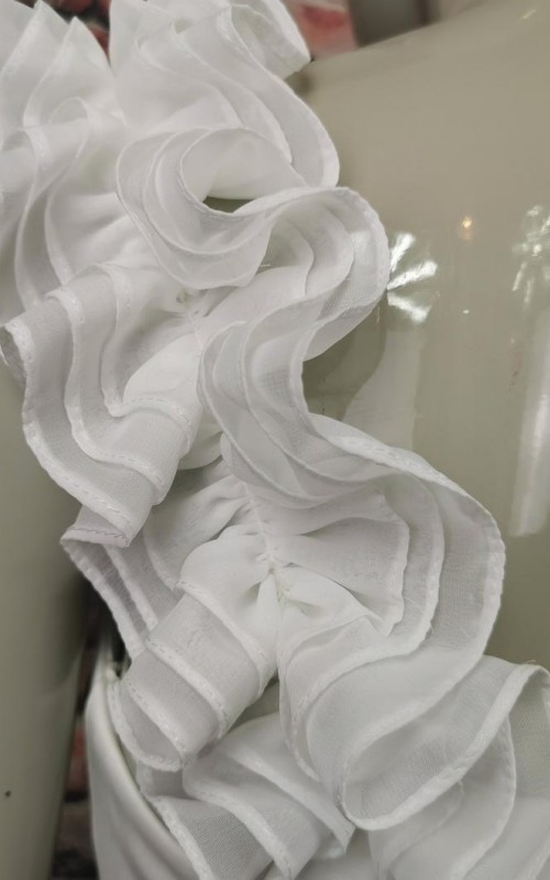 White ruffled chiffon detachable bridal straps and sleeves with hand-sewn pearls off the shoulder